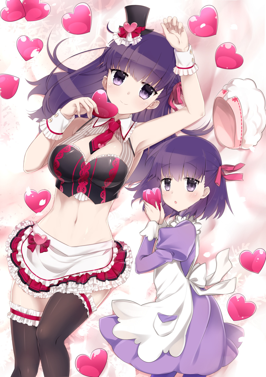 2girls absurdres apron arm_up beret between_breasts black_hat black_legwear blush bow breasts cleavage cleavage_cutout closed_mouth clothing_cutout commentary_request crop_top dress dual_persona fate/grand_order fate_(series) frilled_apron frilled_legwear frilled_skirt frills hair_between_eyes hairbow hat heart highres holding holding_heart juliet_sleeves large_breasts long_sleeves looking_at_viewer lying matou_sakura matou_sakura_(kitchen_patissiere) matou_sakura_(street_choco-maid) mini_hat mini_top_hat multiple_girls navel necktie on_back on_side ouhina parted_lips pink_bow pleated_skirt puffy_sleeves purple_dress purple_eyes purple_hair purple_legwear red_necktie red_skirt skirt smile thighhighs tilted_headwear top_hat unworn_hat unworn_headwear waist_apron white_apron white_hat wrist_cuffs