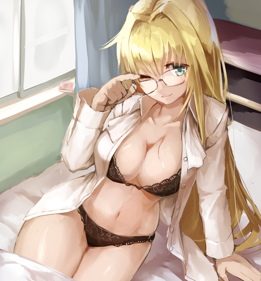 arm_support bed bed_sheet bedroom black_bra black_panties blonde_hair blouse bra breasts cleavage commentary_request condom condom_wrapper female green_eyes highres indoors large_breasts long_hair one_eye_closed open_clothes open_shirt panties shirt sitting smile solo stomach sue_(bg-bros) tearju_lunatique thighs to_love-ru to_love-ru_darkness underwear underwear_only white_shirt