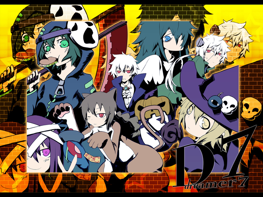 .flow 1boy 6+girls animal_costume answered_prayers bandages blonde_hair blue_eyes braid brick_wall brown_hair cat_costume commentary_request costume eating fangs fluorette frankenstein green_eyes halloween hat highres hood hoodie jiangshi kasei-san kayshine madotsuki mask mikan_muzou multiple_girls mummy ofuda one_eye_closed parody paw_pose persona persona_4 photoshop_(medium) pumpkin qingdai_guanmao red_eyes sabitsuki scythe skull smile sometsuki soutarou_(mikan_muzou) stitches twin_braids uboa ultra_violet_(game) urotsuki v vampire weapon white_hair witch witch_hat yellow_eyes yomika yume_2kki yume_graffiti yume_nikki zoom_layer