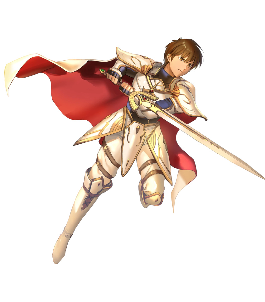 1boy aoji_(aoji-web) armor boots brown_eyes brown_hair cape closed_mouth commentary_request faulds fingerless_gloves fire_emblem fire_emblem:_thracia_776 fire_emblem_heroes full_body gauntlets gloves highres holding holding_sword holding_weapon knee_boots leg_up leif_(fire_emblem) light_brand looking_away male_focus official_art pants shoulder_armor solo sword transparent_background weapon white_armor white_footwear