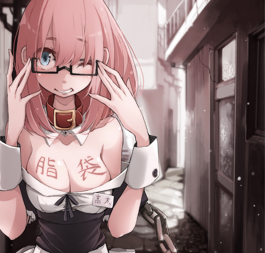 adjusting_eyewear blue_eyes body_writing breasts building chains cleavage collar commentary_request detached_collar door female glasses maid medium_breasts name_tag one_eye_closed original photoshop_(medium) pink_hair revision short_hair smile solo takagi_(tansuke) tansuke translation_request wrist_cuffs