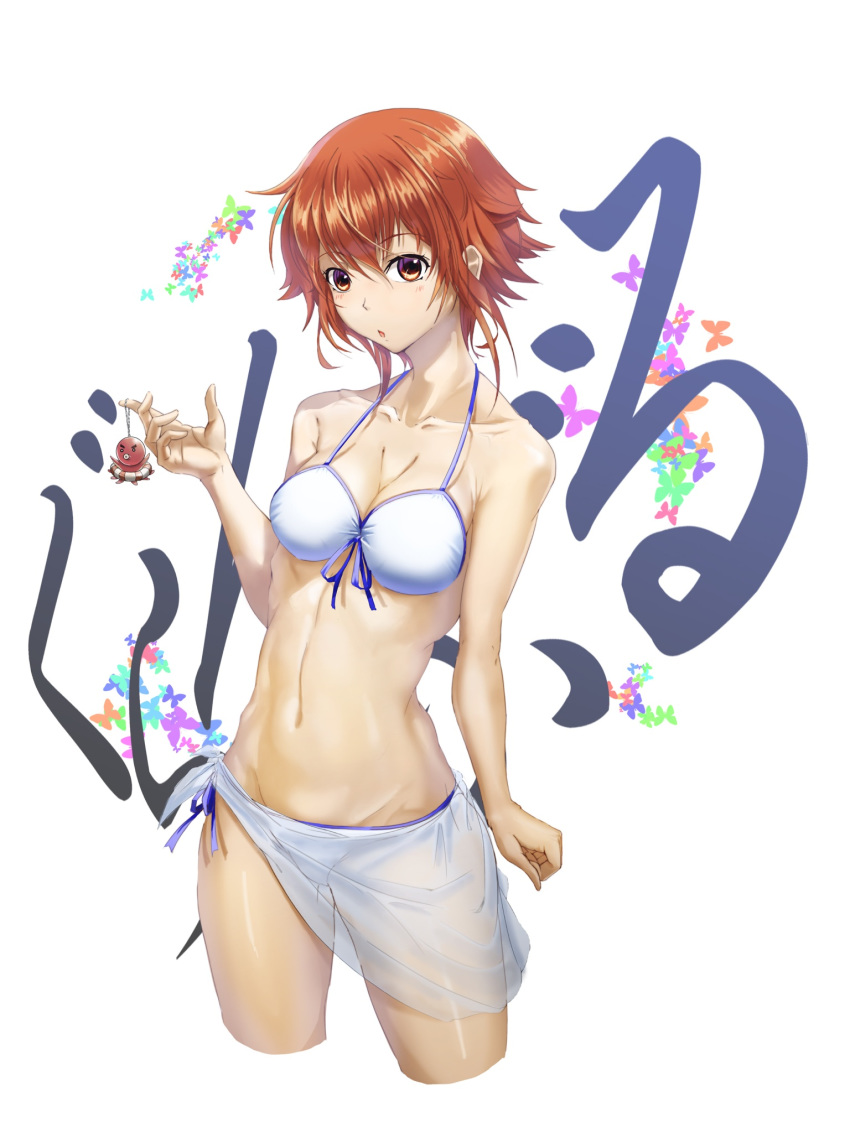 :o bikini blue_ribbon breasts brown_eyes brown_hair cleavage collarbone commentary_request cowboy_shot cropped_legs female front-tie_bikini_top front-tie_top grand_blue groin hair_between_eyes highres kotegawa_chisa medium_breasts misenouchi navel photoshop_(medium) ribbon sarong short_hair sidelocks solo swimsuit white_background white_bikini