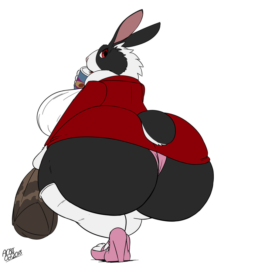 2018 anthro ass bag big_breasts big_butt biped bottomwear breasts business_suit clothing dewlap_(anatomy) digital_media_(artwork) drinking fast_food female food footwear full-length_portrait furgonomics hi_res high_heels huge_breasts huge_butt hyper hyper_butt lagomorph leggings legwear leporid looking_back lordbone_(riis) mammal miniskirt portrait rabbit riis shoes skirt solo suit tail tail_through_skirt underwear