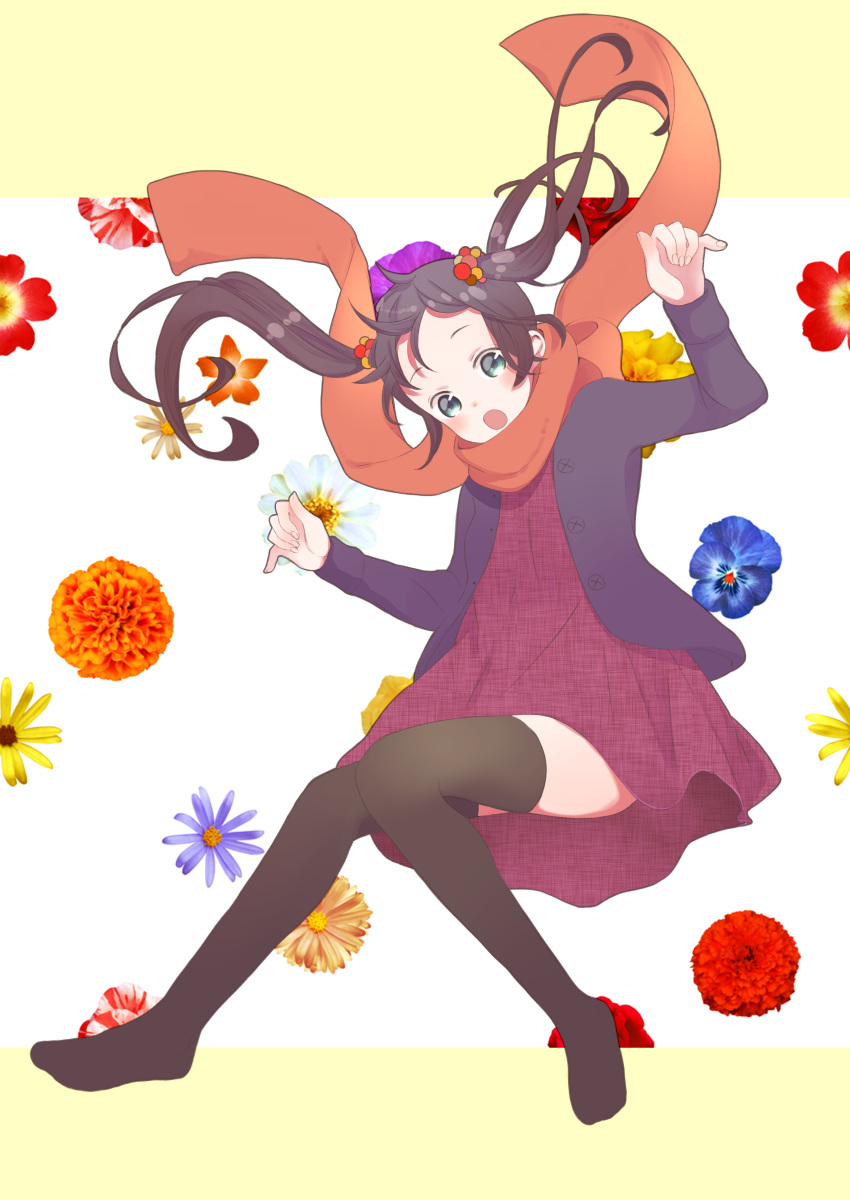 :o absurdres arm_up beige_background blue_eyes blue_flower blue_pansy blush brown_hair brown_thighhighs commentary_request daisy dress female fingernails flower forehead full_body hair_ornament hand_up highres hiroshi_(jasinloki) jacket long_hair long_sleeves looking_at_viewer marigold no_shoes open_clothes open_jacket open_mouth orange_flower orange_scarf original pansy photo_inset purple_flower purple_jacket red_dress red_flower red_rose rose scarf solo thighhighs twintails two-tone_background unmoving_pattern very_long_hair white_background white_flower yellow_flower