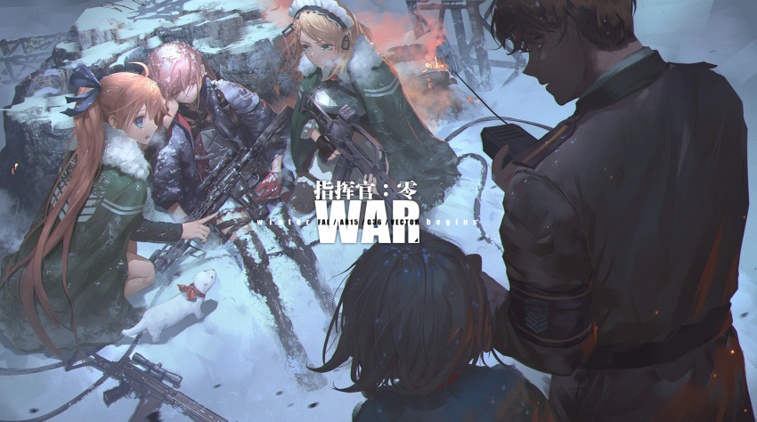 1boy 4girls ahoge apron ar-15 armband armor assault_rifle battle_rifle black_gloves blonde_hair blue_eyes bow braid breastplate breasts brown_hair character_name closed_eyes closed_mouth coat cold commander_(girls'_frontline) commentary_request fal_(girls'_frontline) ferret fingerless_gloves flare fn_fal fur-trimmed_coat fur_trim g36_(girls'_frontline) g36_(mod3)_(girls'_frontline) gas_mask girls'_frontline gloves griffin_&_kryuger griffin_&_kryuger_military_uniform gun h&k_g36 hair_between_eyes hair_ornament hand_on_another's_cheek hand_on_another's_face heckler_&_koch highres hinoborukaku holding holding_gun holding_walkie-talkie holding_weapon jacket long_hair maid maid_headdress mask medium_breasts multicolored_hair multiple_girls outdoors photoshop_(medium) pink_hair ponytail red_gloves rifle short_hair side_ponytail sidelocks sitting snow snowing squatting st_ar-15_(girls'_frontline) st_ar-15_(mod3)_(girls'_frontline) streaked_hair thigh_strap thighhighs vector_(girls'_frontline) very_long_hair walkie-talkie weapon wind