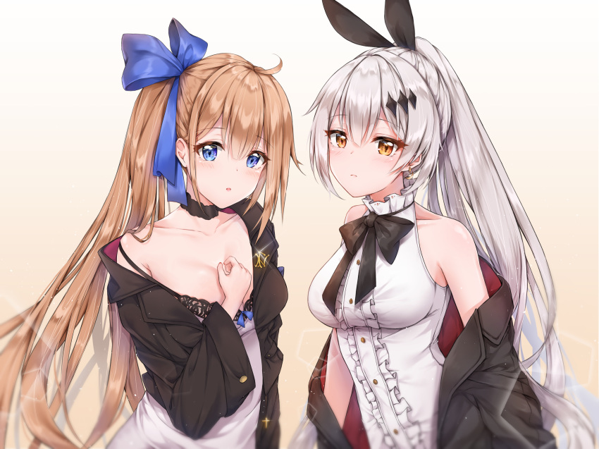 2girls anthro aqua_eyes blush bow bra braids breast_hold breasts brown_hair choker cleavage cuna_(qunya) dress fal_(girls_frontline) five_seven_(girls_frontline) girls_frontline gradient gray_hair long_hair orange_eyes ponytail ribbons underwear