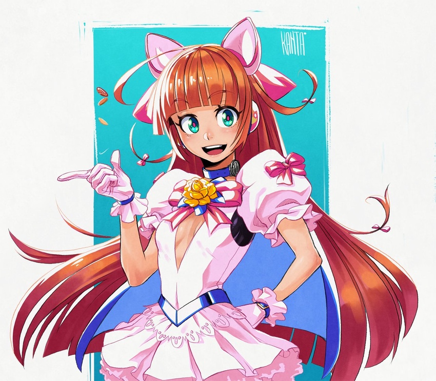 ahoge animal_ears blue_eyes blunt_bangs bow breasts cape cat_ears center_opening coin coin_flip collar commentary dress english_commentary female gloves hairbow hand_on_own_hip huge_ahoge kanta-kun long_hair looking_at_viewer magical_girl mitsukoshi_sakura money_idol_exchanger open_mouth pink_bow pink_dress pink_gloves puffy_short_sleeves puffy_sleeves short_sleeves small_breasts smile solo