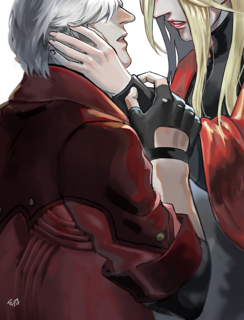 1boy blonde_hair coat commentary_request dante_(devil_may_cry) devil_may_cry_(series) devil_may_cry_4 eva_(devil_may_cry) female fingerless_gloves gloves hand_on_another's_face highres linkget5501 long_hair medium_hair red_coat signature simple_background white_background white_hair