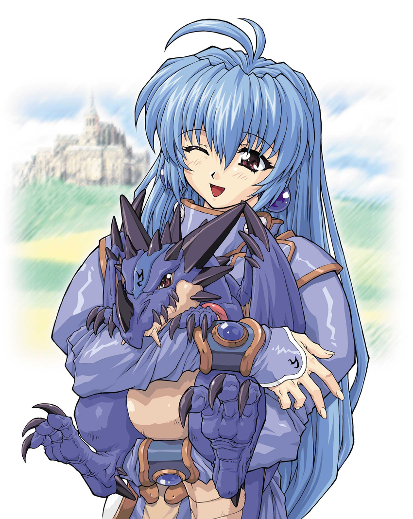 absurdres alicia_mcfadden antenna_hair blue_hair brave_soul brown_eyes castle dragon earrings female highres hug jewelry long_hair mogudan one_eye_closed open_mouth source_request very_long_hair