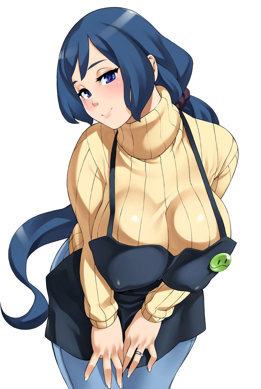 apron blue_eyes blue_hair breasts denim female gundam gundam_build_fighters haro_button_badge highres huge_breasts iori_rinko jeans jewelry leaning_forward long_hair looking_at_viewer mature_female pants ponytail ribbed_sweater ring simple_background smile solo sweater turtleneck very_long_hair wedding_ring white_background zonda_(solid_air)