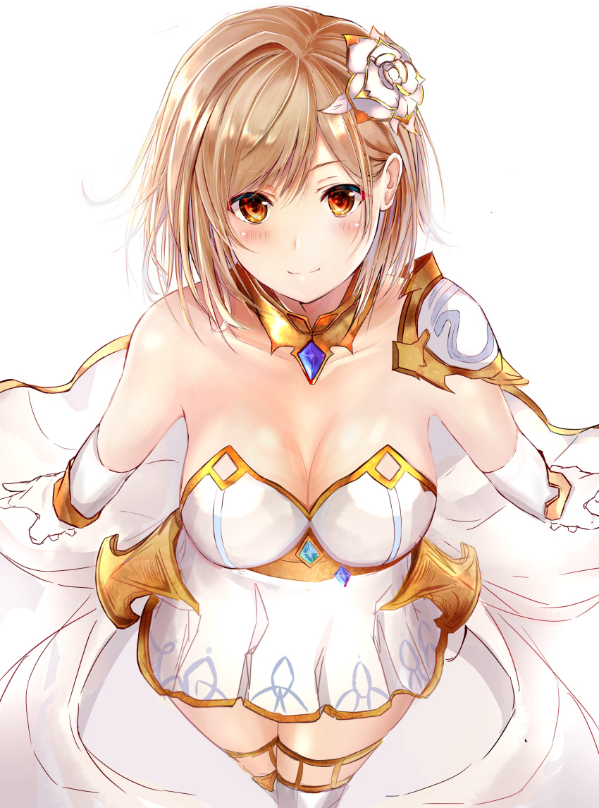 armor bare_shoulders blonde_hair blush breasts brown_eyes cleavage collarbone commentary_request cosplay detached_collar djeeta_(granblue_fantasy) dress efuri_(riarea00) elbow_gloves female flower glorybringer_(granblue_fantasy) glorybringer_(granblue_fantasy)_(cosplay) gloves granblue_fantasy hair_flower hair_ornament highres hip_focus large_breasts looking_at_viewer pauldrons short_hair shoulder_armor simple_background smile solo swept_bangs thighs white_background white_dress white_gloves