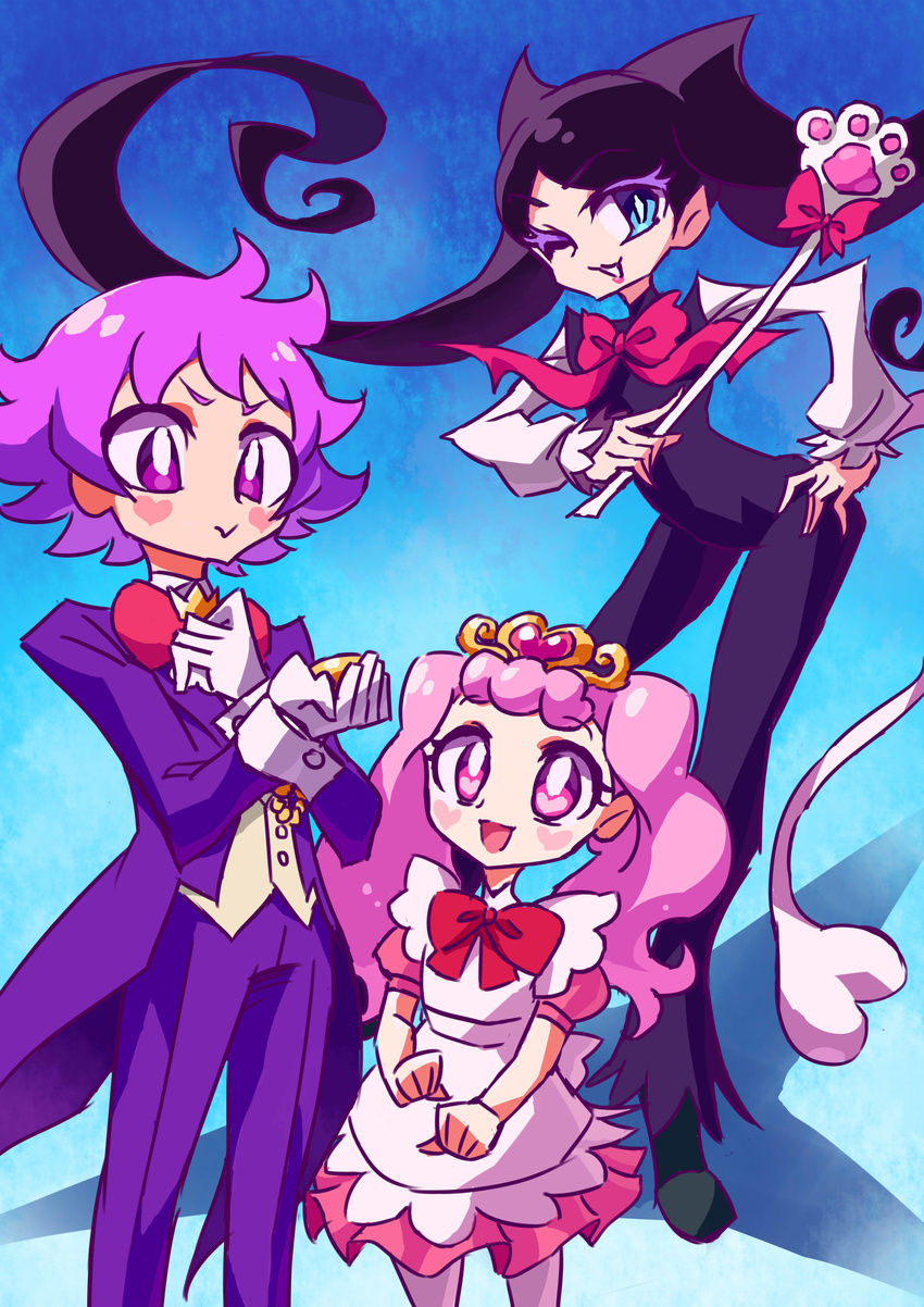 1boy 2girls absurdres aroma_(go!_princess_precure) aroma_(go!_princess_precure)_(human) bow bowtie brother_and_sister commentary_request gloves go!_princess_precure highres miss_siamour miss_siamour_(human) multiple_girls otokamu paw_wand personification pink_hair precure puff_(go!_princess_precure) puff_(go!_princess_precure)_(human) siblings tail