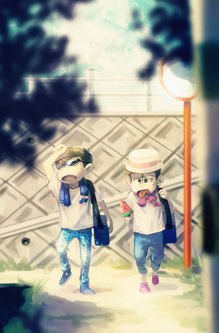 2boys brothers brown_hair commentary_request cooler denim food fruit hat highres jeans male_focus matsuno_karamatsu matsuno_todomatsu migita multiple_boys osomatsu-kun osomatsu-san osomatsu_(series) pants pants_rolled_up photoshop_(medium) porkpie_hat shirt siblings sunglasses sweat t-shirt tongue tongue_out walking watermelon