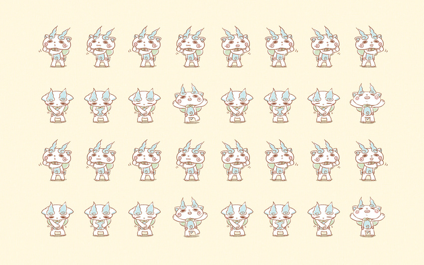 >_< :< :o chuno closed_eyes commentary_request full_body furoshiki furoshiki_around_neck highres komasan looking_down looking_up no_humans open_mouth photoshop_(medium) simple_background solo youkai_(youkai_watch) youkai_watch