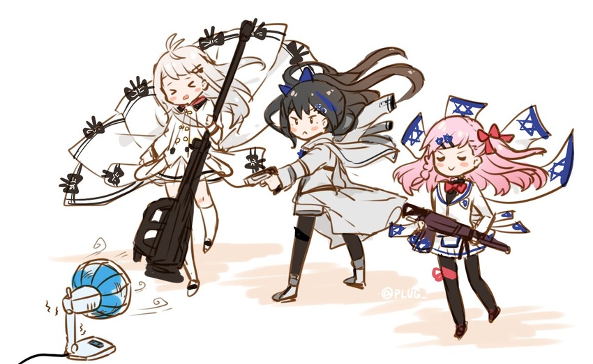 >_< 3girls anti-materiel_rifle black_hair black_pantyhose blowing blush_stickers bolt_action chibi closed_eyes commentary_request creator_connection electric_fan girls'_frontline gun hair_ornament hairclip handgun hexagram imi_negev iwi_jericho_941 iws_2000_(girls'_frontline) jacket jacket_on_shoulders jericho_(girls'_frontline) light_machine_gun long_hair multiple_girls negev_(girls'_frontline) pantyhose pink_hair plug_(feng-yushu) pose rifle skirt smile sniper_rifle star_of_david steyr_iws_2000 weapon white_hair