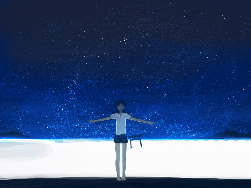 barefoot blue_eyes commentary_request female narutaru night night_sky ocean outstretched_arms photoshop_(medium) revision shirt shorts sime_(echo) sky solo spread_arms star_(sky) starry_sky t-shirt tamai_shiina torii twintails