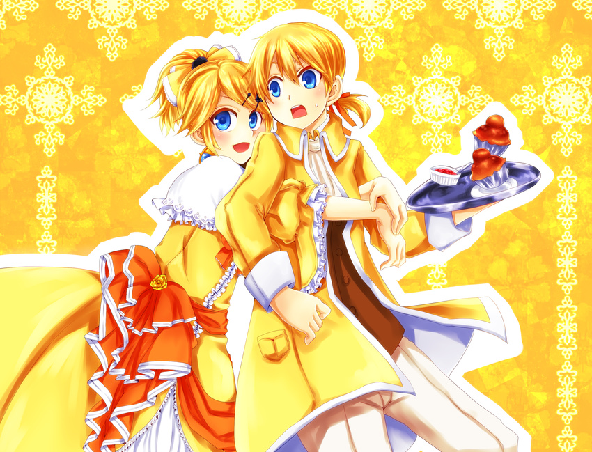 1boy aku_no_meshitsukai_(vocaloid) aku_no_musume_(vocaloid) allen_avadonia blonde_hair blue_eyes brioche brother_and_sister commentary_request cupcake dress evillious_nendaiki female food frilled_dress frills hair_ornament hair_ribbon hairclip highres hug hug_from_behind kagamine_len kagamine_rin patterned_background ponytail ribbon riliane_lucifen_d'autriche seasnow siblings smile surprised twins vocaloid