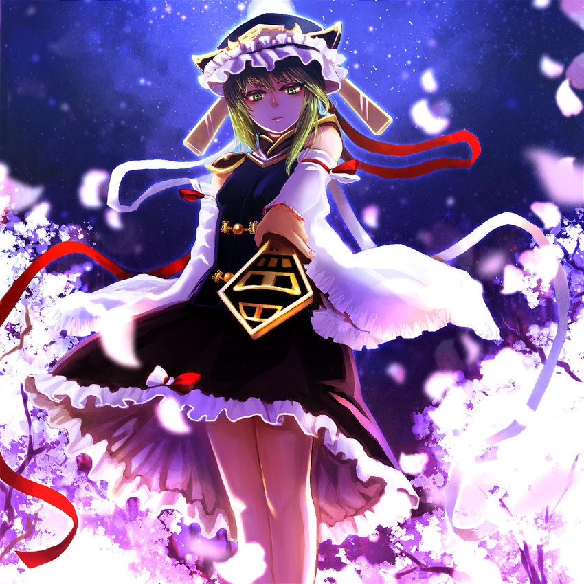 backlighting bad_id bad_pixiv_id cherry_blossoms commentary_request cowboy_shot detached_sleeves female full_moon green_eyes green_hair hat highres ibitsu looking_at_viewer moon night night_sky petals ribbon-trimmed_sleeves ribbon_trim rod_of_remorse serious shiki_eiki skirt sky solo star_(sky) starry_sky touhou upskirt