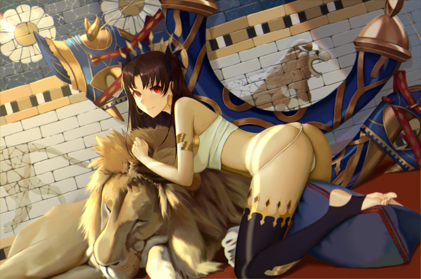 animal armlet ass bandeau bikini black_hair black_ribbon brick_wall closed_eyes commentary dutch_angle earrings fate/grand_order fate_(series) female from_side gate_of_ishtar hair_ribbon heavenly_boat_maanna hoop_earrings ishtar_(fate) jewelry kneeling leaning leaning_forward lion long_hair long_legs looking_at_viewer looking_to_the_side mural name_connection object_namesake ocarino parted_bangs red_eyes ribbon single_thighhigh sleeping smile stirrup_legwear swimsuit thighhighs toeless_legwear toes two_side_up