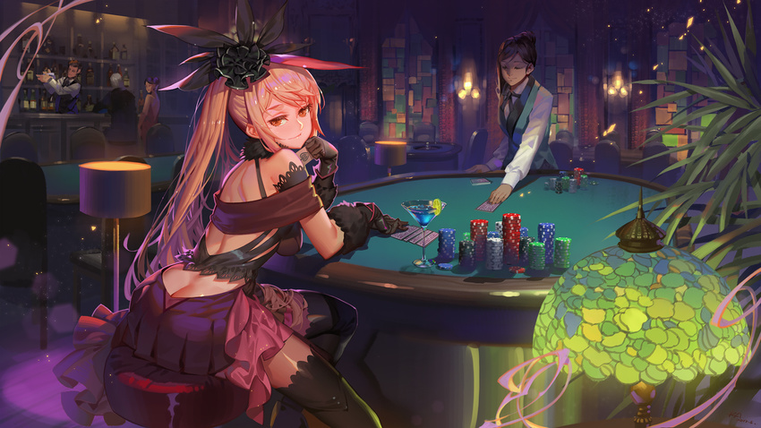 2boys 3girls ace_(playing_card) ace_of_spades alphonse_(white_datura) back backless_outfit bar_(place) bar_stool bare_shoulders bartender black_gloves black_legwear black_ribbon breasts brown_scarf butt_crack card casino casino_card_table character_request chinese_commentary closed_eyes closed_mouth cocktail cocktail_glass commentary_request croupier cup dress drinking_glass elusha_(joker) eyelashes floor_lamp food forever_7th_capital from_behind fruit fur_trim gloves hair_bun hair_ribbon high_ponytail highres indoors lamp leaning_forward light_particles lime_(fruit) lime_slice long_hair long_sleeves looking_at_viewer looking_back medium_breasts multiple_boys multiple_girls neck_ribbon orange_eyes photoshop_(medium) pink_hair playing_card poker_chip ribbon scarf shelf single_hair_bun sitting smile solo_focus spade_(shape) stained_glass stool table thighhighs very_long_hair waistcoat wine_glass