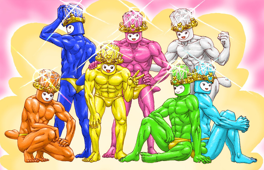 6+boys aqua_skin barefoot blue_skin colored_skin commentary_request dory fary full_body gold_trim green_skin lary male_focus miry multiple_boys muscular no_humans one_eye_closed orange_skin personification pink_skin precure rery sitting sory standing suite_precure tail tiry topless_male v what white_skin yamakee_(y1m1d9) yellow_skin