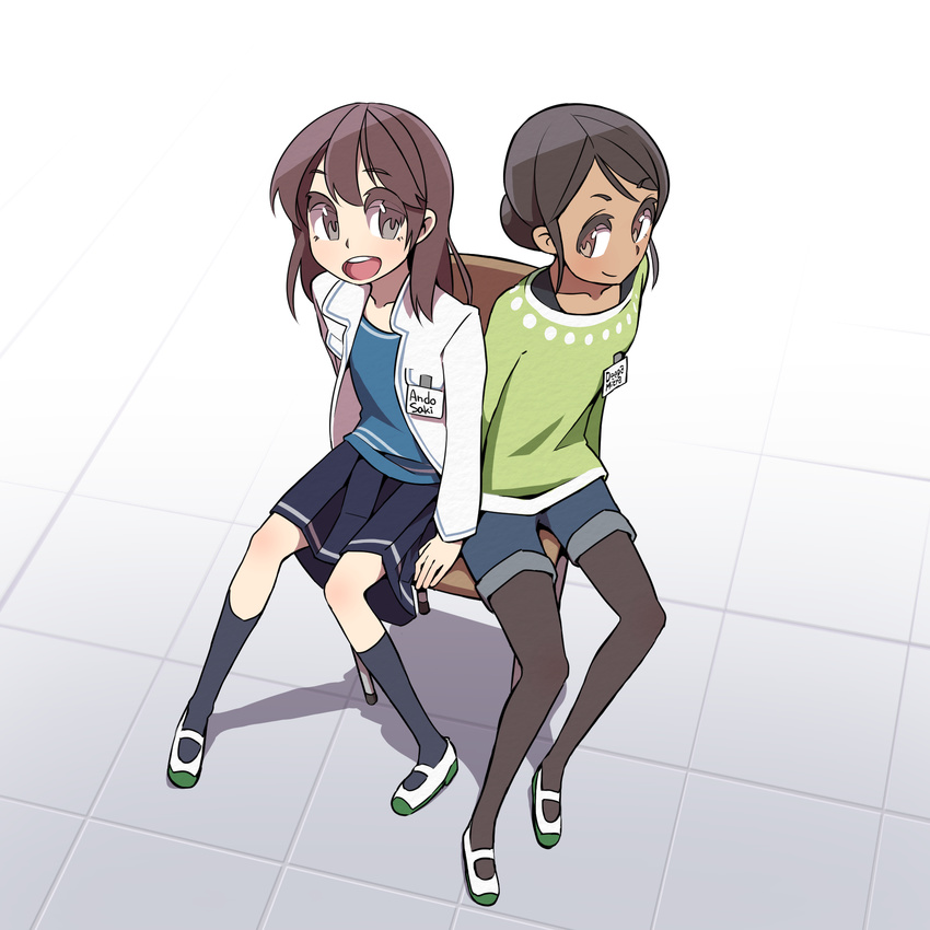 2girls andou_saki bad_id bad_pixiv_id black_hair black_legwear brown_eyes brown_hair chair dark-skinned_female dark_skin deepa_mitra hair_bun highres indian kneehighs long_hair looking_at_viewer multiple_girls name_tag new_horizon open_mouth pantyhose revision shapoco shared_chair shoes shorts single_hair_bun sitting skirt smile socks sweater twitter_username uwabaki