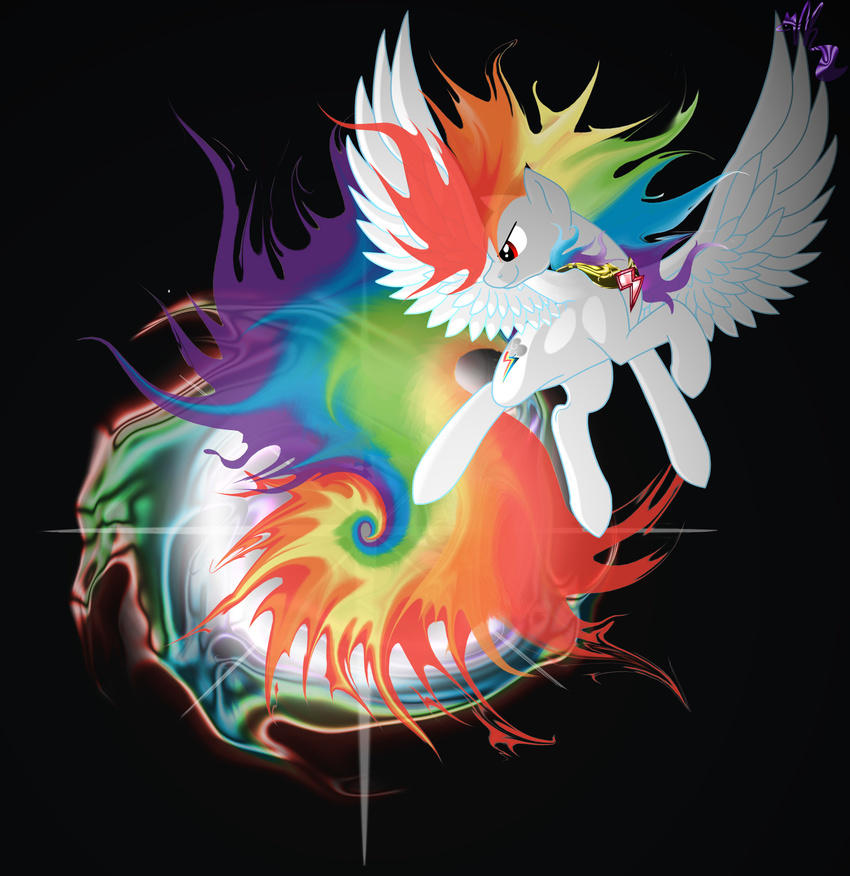 black_background blue_body blue_feathers blue_fur cutie_mark element_of_loyalty elements_of_harmony equid equine feathered_wings feathers female feral flaming flying friendship_is_magic fur glowing hair hasbro hi_res hooves looking_back mammal mane miz-jynx multicolored_hair multicolored_tail my_little_pony mythological_creature mythological_equine mythology pegasus rainbow rainbow_dash_(mlp) rainbow_hair rainbow_tail red_eyes simple_background solo sonic_rainboom spread_wings super_rainbow_dash tail white_body white_fur wings