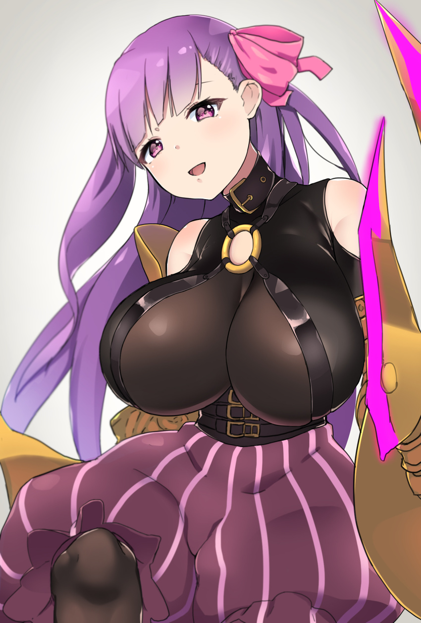 :d arm_at_side baggy_shorts bare_shoulders black_collar blunt_bangs breasts brown_pantyhose buckle claws cleavage clothing_cutout collar collarbone commentary_request corset cowboy_shot detached_sleeves eyelashes fate/extra fate/extra_ccc fate/grand_order fate_(series) female grey_background hair_ribbon hand_up head_tilt highres huge_breasts leg_up long_hair looking_at_viewer o-ring o-ring_top okamen open_mouth pantyhose passionlip_(fate) photoshop_(medium) pink_eyes pink_ribbon purple_hair purple_shirt ribbon shirt shorts shoulder_cutout simple_background skin_tight skindentation sleeveless smile solo standing standing_on_one_leg striped_clothes striped_shorts tsurime vertical-striped_clothes vertical-striped_shorts