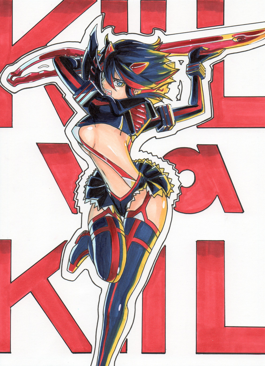 absurdres black_hair boots breasts commentary_request copyright_name female hairpods hayami_jin highres kill_la_kill large_breasts matoi_ryuuko multicolored_hair open_mouth red_hair revealing_clothes school_uniform scissor_blade_(kill_la_kill) senketsu short_hair skirt suspenders sword thigh_boots thighhighs traditional_media two-tone_hair weapon