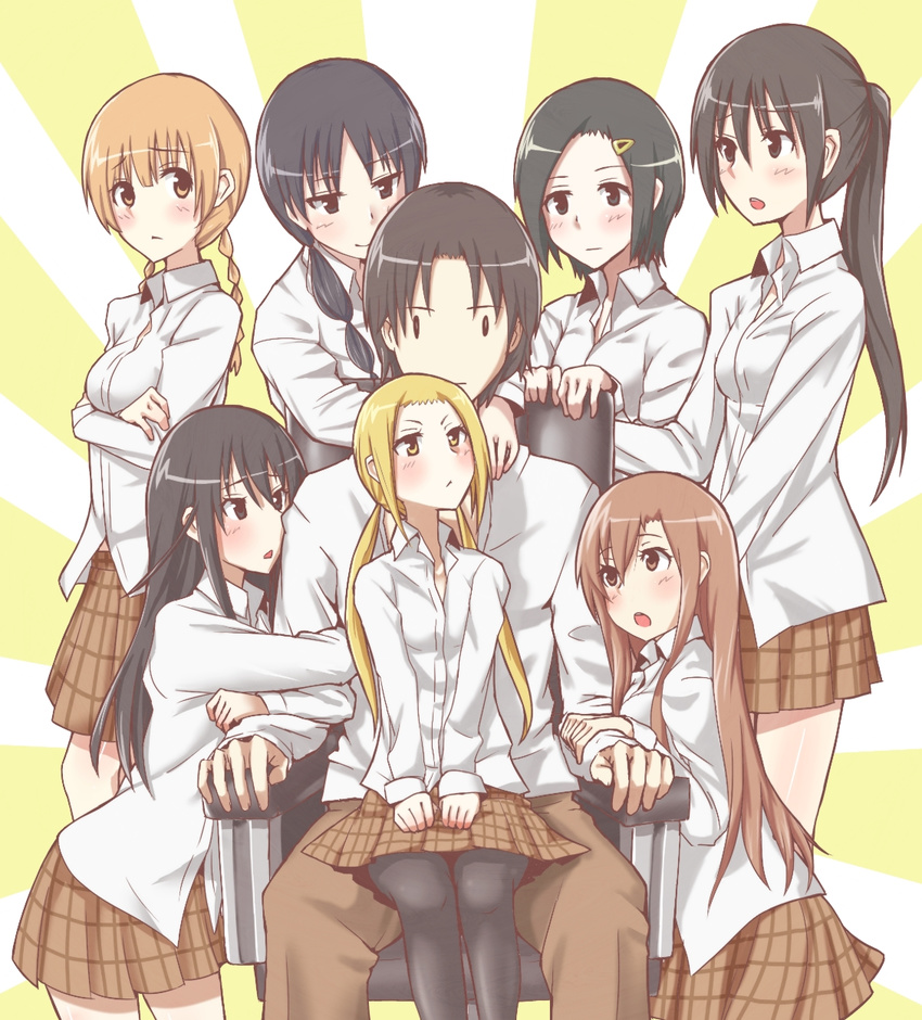 1boy 6+girls :o amakusa_shino arm_hug black_eyes black_hair blonde_hair blush braid brown_eyes brown_hair chair clinging commentary_request expressionless hagimura_suzu hair_ornament hairclip harem hata_ranko highres igarashi_kaede long_hair mitsuba_mutsumi mugai_(tamac) multiple_girls orange_hair pantyhose ponytail school_uniform seitokai_yakuindomo shichijou_aria shirt short_hair sitting sitting_on_lap sitting_on_person skirt straight tsuda_takatoshi twin_braids twintails uomi_chihiro yellow_eyes