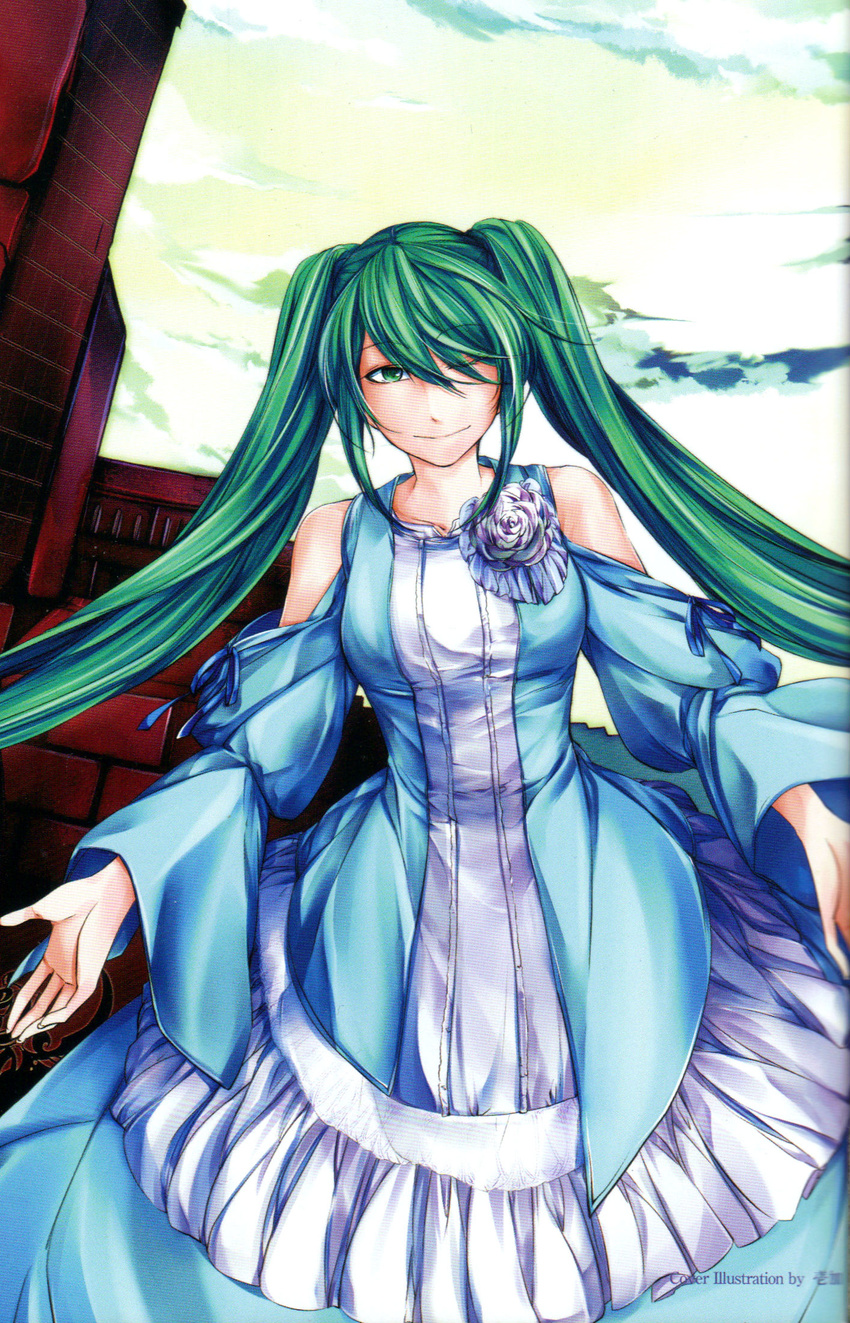 bare_shoulders blue_dress cover cover_page dress evillious_nendaiki false_smile female green_eyes green_hair hatsune_miku highres ichi_ka long_hair margarita_blankenheim nemurase_hime_kara_no_okurimono_(vocaloid) non-web_source novel_cover official_art one_eye_closed ribbon scan smile solo twintails vocaloid