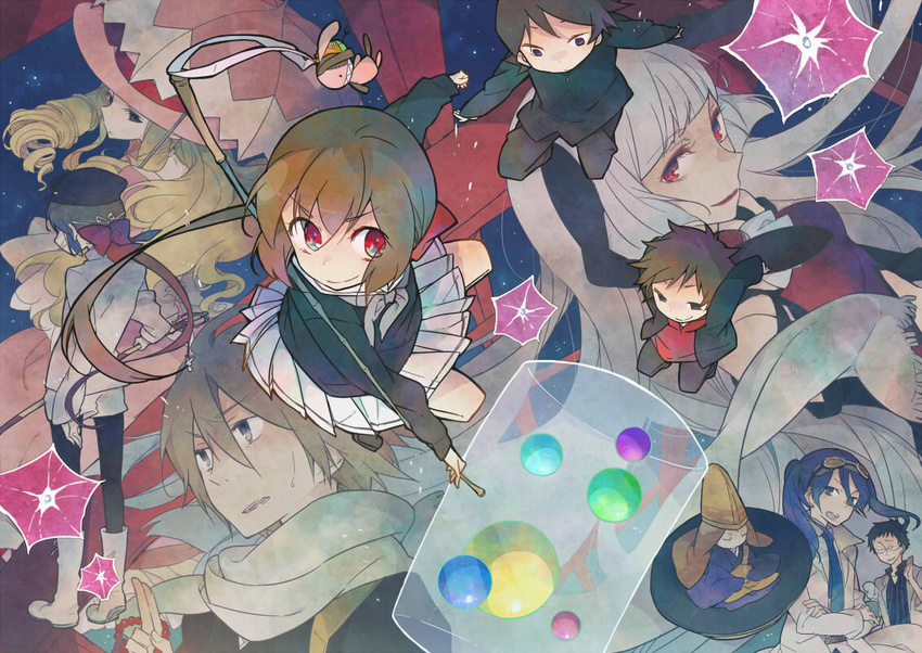 a_(kyousougiga) blonde_hair blue_hair bow brother_and_sister brothers brown_hair commentary_request dress formal fushimi gakuran glasses goggles green_eyes hairbow hami_(lvct) hammer hat hood hoodie koto_(kyousougiga) kurama_(kyousougiga) kyousougiga lab_coat lady_koto long_hair looking_at_viewer monk multiple_boys multiple_girls myoue necktie photoshop_(medium) ponytail professor_shouko red_eyes school_uniform serafuku siblings skirt smile un_(kyousougiga) weapon yase