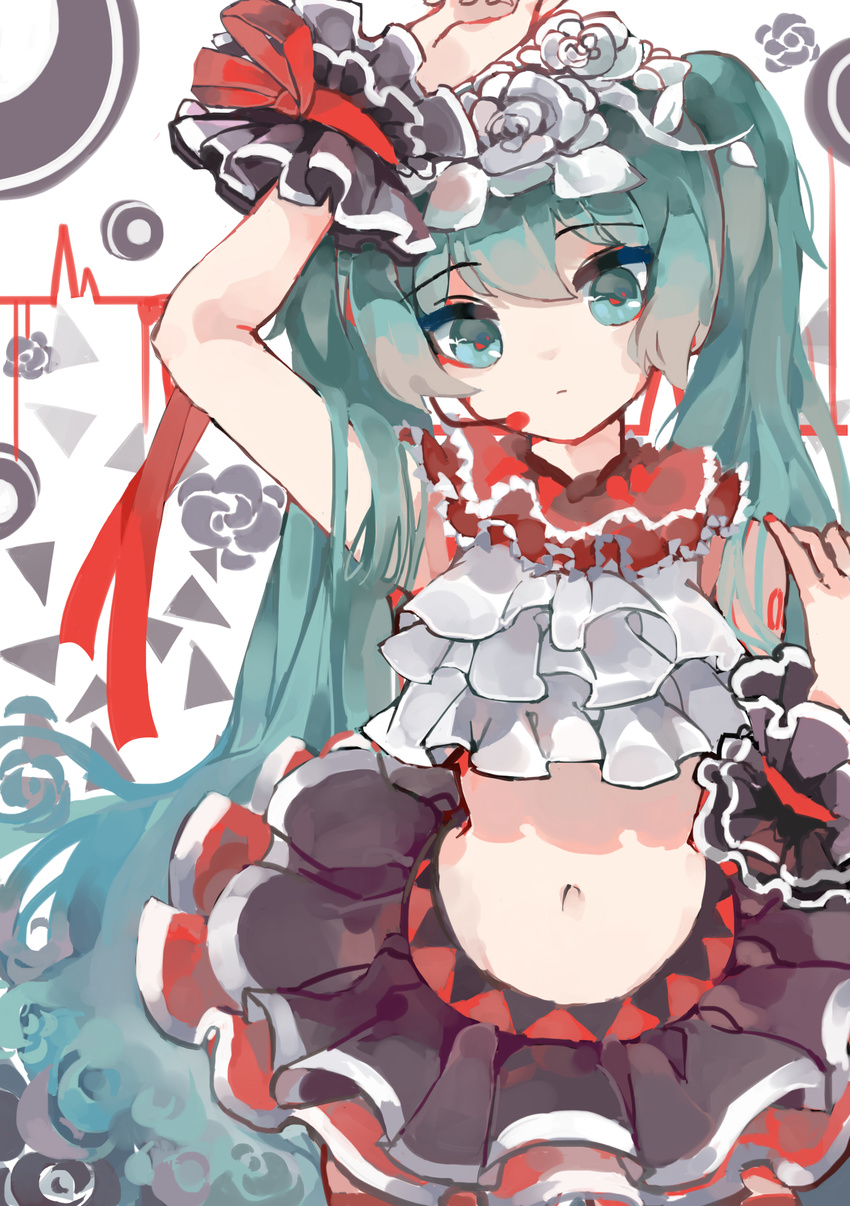 absurdres arm_up bless_you_(module) commentary_request female flower green_eyes green_hair hair_flower hair_ornament hatsune_miku highres juzi_pi long_hair midriff navel nisoku_hokou_(vocaloid) partial_commentary project_diva_(series) project_diva_f_2nd skirt solo twintails very_long_hair vocaloid