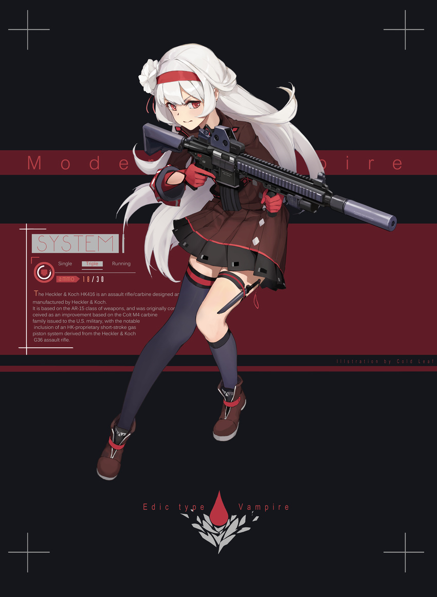 artist_name assault_rifle asymmetrical_legwear belt black_legwear brown_dress commentary_request dress english flower flush full_body gloves gun hair_flower hair_ornament hairband heckler_&_koch highres hk416 knife logo long_hair long_sleeves looking_to_the_side original pleated_skirt red_eyes red_gloves rifle serious sheath sheathed shoes shuang_ye skirt solo suppressor text_focus trigger_discipline vertical_foregrip weapon white_hair