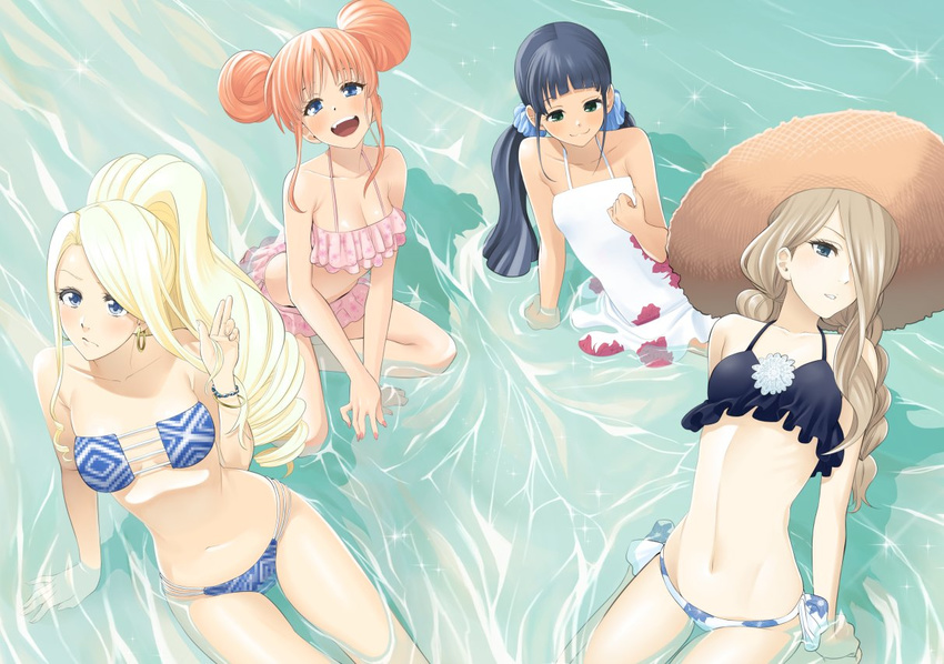 4girls :d arm_support bad_id bad_twitter_id bikini black_hair blonde_hair blue_eyes blush brown_hair double_bun earrings from_above green_eyes hair_bun hair_over_one_eye hat hoshino_me_wo_tsubutte. hoshino_misaki jewelry kanou_manaka long_hair looking_at_viewer low_twintails multiple_girls nagashii_kouhei navel oerba_yun_fang open_mouth orange_hair partially_submerged sakaki_riho single_hair_bun sitting smile straw_hat swimsuit twintails water yuki_(hoshino_me_wo_tsubutte)