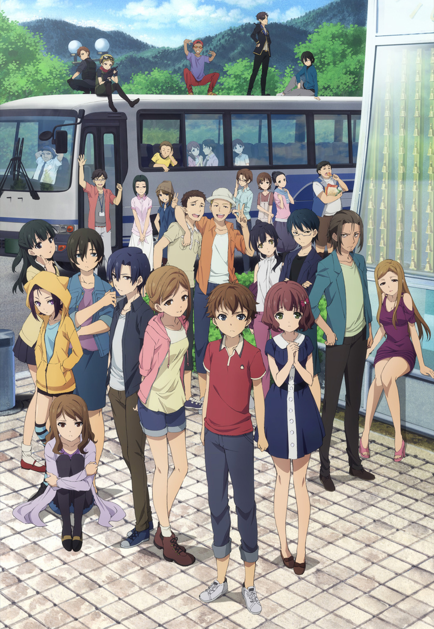 6+boys 6+girls animal_ears animal_hood arms_behind_back belt black_eyes black_hair black_legwear black_necktie black_shorts black_skirt blue_hair blue_scarf blue_shorts breasts brown_eyes brown_hair bus cat_hood cleavage closed_eyes collarbone crossed_arms dahara_(mayoiga) day denim denim_shorts dozaemon_(mayoiga) dress driver_(mayoiga) eating everyone eye_contact eyepatch eyewear_on_head fake_animal_ears green_eyes grin gun hair_between_eyes hair_ornament hands_on_own_hips hat hayato_(mayoiga) head_tilt highres holding holding_gun holding_hands holding_weapon hood hooded_jacket hyouketsu_no_judgness_(mayoiga) jack_(mayoiga) jacket jigoku_no_gouka_(mayoiga) key_visual koharun_(mayoiga) lion_(mayoiga) long_hair looking_at_another looking_at_viewer lovepon maimai_(mayoiga) manbe_(mayoiga) masaki_(mayoiga) mayoiga medium_breasts mikage_(mayoiga) mitsumune_(mayoiga) mole mole_under_eye motor_vehicle multiple_boys multiple_girls naana_(mayoiga) nanko_(mayoiga) necktie nettaiya_(mayoiga) no_socks nyanta_(mayoiga) official_art open_clothes open_jacket open_mouth outdoors piitan_(mayoiga) pleated_skirt ponytail promotional_art purple_dress purple_eyes puuko_(mayoiga) scarf shirt shoes short_hair short_shorts shorts sitting skirt smile sneakers socks soy_latte_(mayoiga) striped_clothes striped_socks sunglasses thighhighs toriyasu_(mayoiga) toshi_boy_(mayoiga) unzipped v valkana_(mayoiga) wanko_(mayoiga) weapon white_shirt yamauchi_(mayoiga) yellow_jacket yottsun_(mayoiga) yuuna_(mayoiga) yuune_(mayoiga) yuuno_(mayoiga)