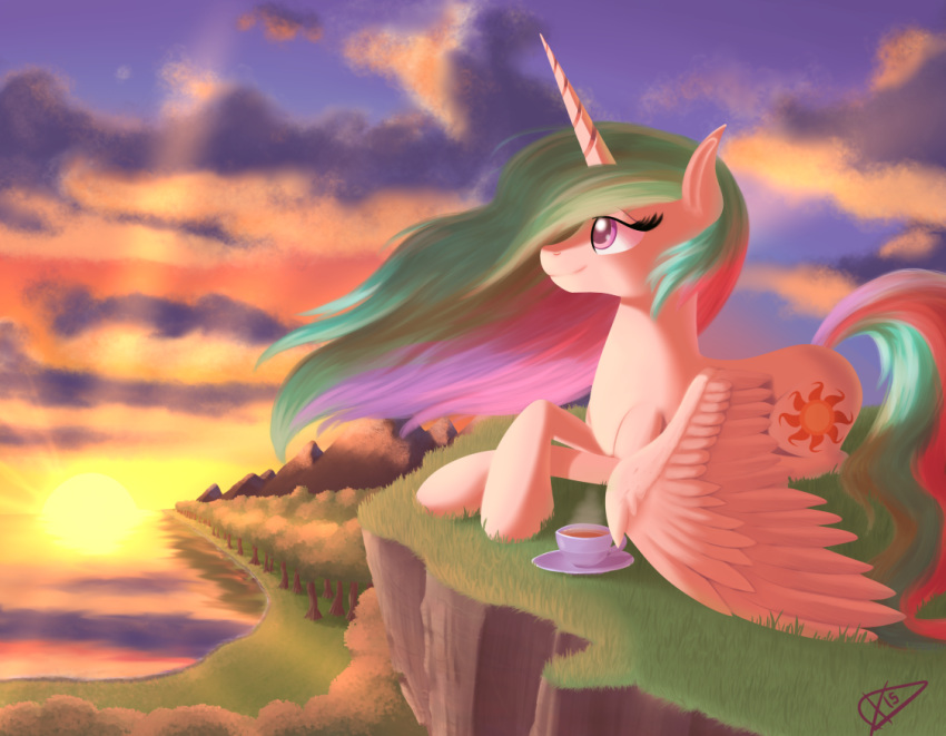 2015 alicorn beverage cloud container cup cutie_mark day digital_media_(artwork) equid equine feathered_wings feathers female feral friendship_is_magic fur hair hasbro high_place horn hot_drink jewelry land mammal mountain multicolored_hair multicolored_tail my_little_pony mythological_creature mythological_equine mythology outside paradigmpizza plant plate princess_celestia_(mlp) purple_eyes seaside sky smile solo sparkles sun sunset tail tea tree unicorn_horn water white_body white_feathers white_fur wings