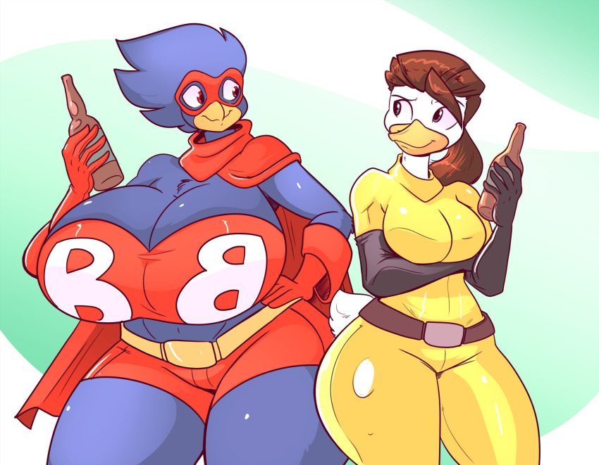 alcohol anatid anseriform anthro avian beak beverage big_breasts bird breasts brown_hair busty_bird corvid corvus_(genus) crow duck duo female hair hi_res huge_breasts jaeh non-mammal_breasts oscine passerine simple_background wide_hips