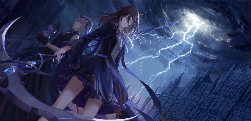 2girls black_dress black_hair breasts building castle circlet cloud cloudy_sky collared_dress commentary_request dress dutch_angle expressionless floating_hair gold hair_between_eyes highres holding holding_hourglass holding_scythe holding_weapon hourglass lightning long_hair multiple_girls neck_ribbon original outdoors purple_dress purple_eyes purple_ribbon rain ribbon scythe short_hair sidelocks silver_hair sky sleeveless sleeveless_dress storm water weapon wide_sleeves wind xing_muhen yellow_eyes