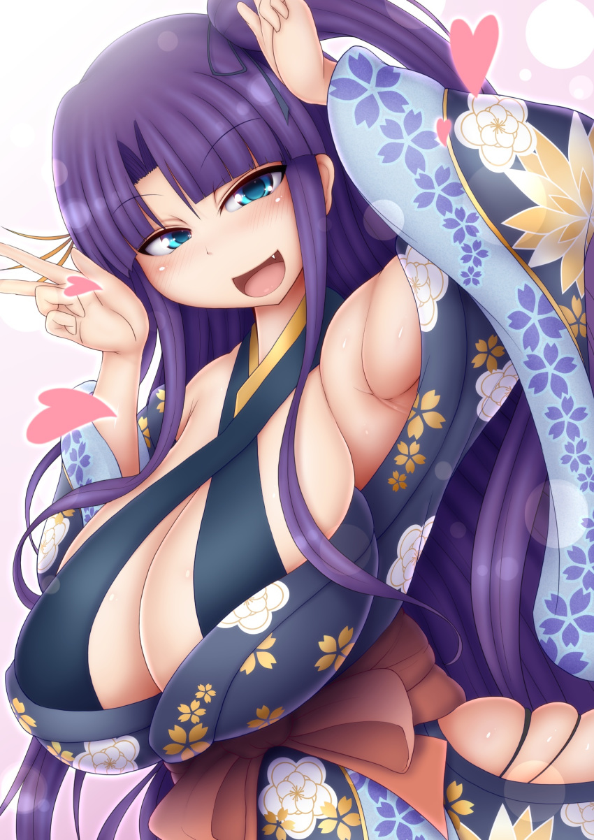 armpits bare_shoulders blue_eyes blush borrowed_character breasts cleavage female female highres huge_breasts japanese_clothes long_hair looking_at_viewer open_mouth ponpo purple_hair revealing_clothes side_ponytail solo standing v yukata