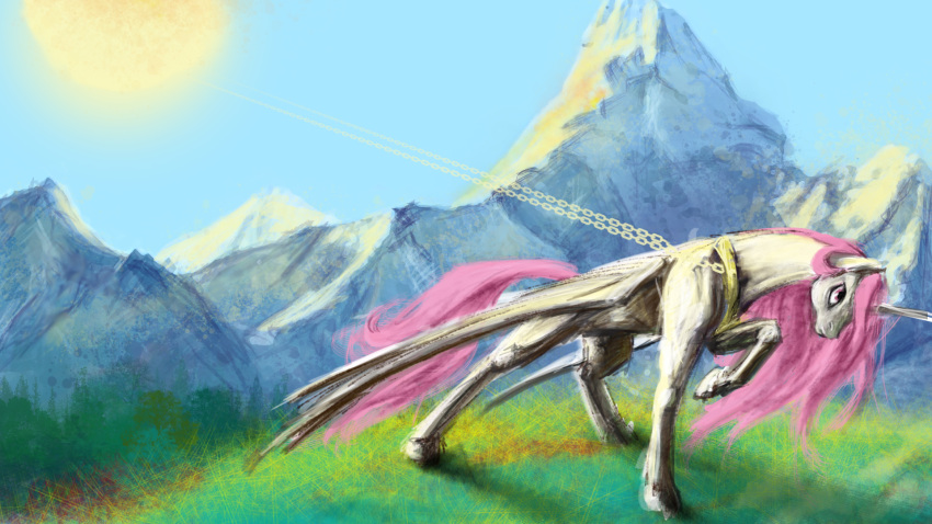 16:9 2012 alicorn chains day detailed_background equid equine feathered_wings feathers female feral friendship_is_magic fur grass hair hasbro hi_res horn land mammal mountain my_little_pony mythological_creature mythological_equine mythology outside pink_hair pink_tail plant princess_celestia_(mlp) purple_eyes silfoe sky solo sun tail unicorn_horn white_body white_feathers white_fur widescreen wings