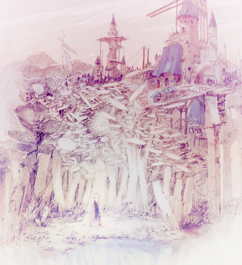 alphabet_(alphabetnoon) bad_id bad_pixiv_id castle commentary_request fantasy female forest graphite_(medium) highres long_hair nature original pointy_ears pond scenery solo standing traditional_media wide_shot