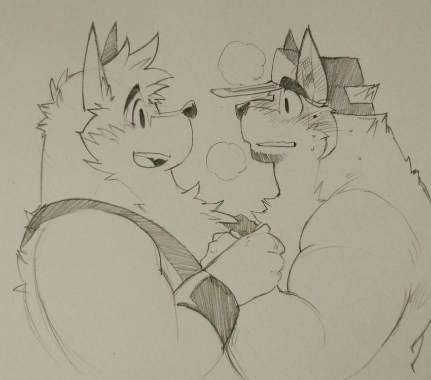 2015 anthro baker_(kokuhane) biceps big_muscles canid canine canis chest_tuft clothing domestic_dog duo fur kokukokuboo male mammal muscular muscular_male overalls pecs tuft wolf wuffle wuffle_(webcomic)