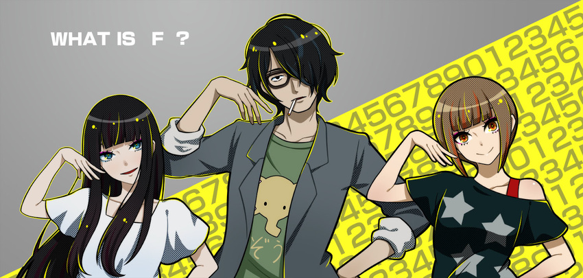 1boy 2girls black_hair blue_eyes blunt_bangs bob_cut brown_eyes brown_hair cigarette commentary eyelashes glasses hand_on_own_hip jacket lam_(ramdayo) long_hair looking_at_viewer magata_shiki multiple_girls nishinosono_moe off-shoulder_shirt off_shoulder parted_lips photoshop_(medium) pose saikawa_souhei shirt smile subete_ga_f_ni_naru upper_body