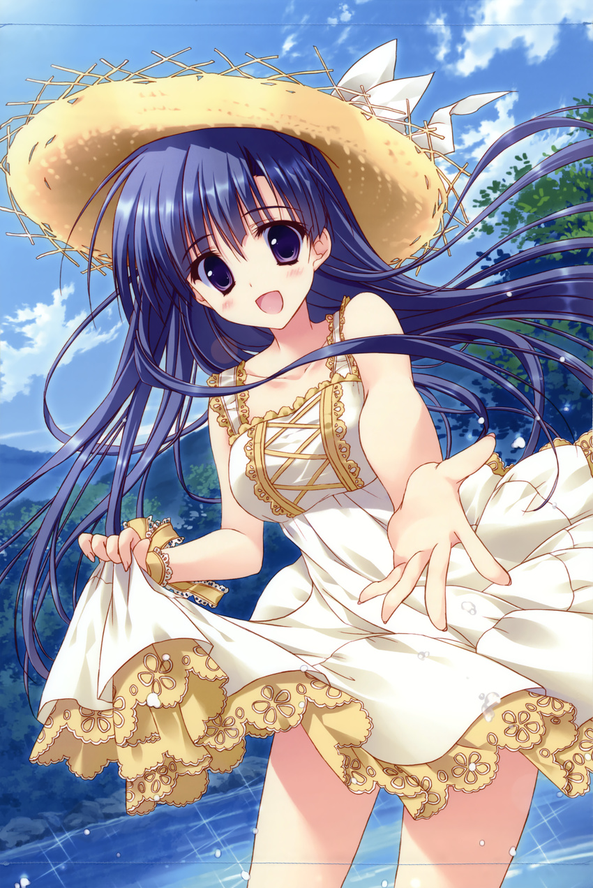 :d absurdres blue_eyes blue_hair blush bow cloud collarbone cropped day dress female flower hat highres hoshizora_e_kakaru_hashi koumoto_madoka lace long_hair open_mouth outdoors outstretched_hand ribbon ryouka_(suzuya) scan smile solo straw_hat stream sundress tree water