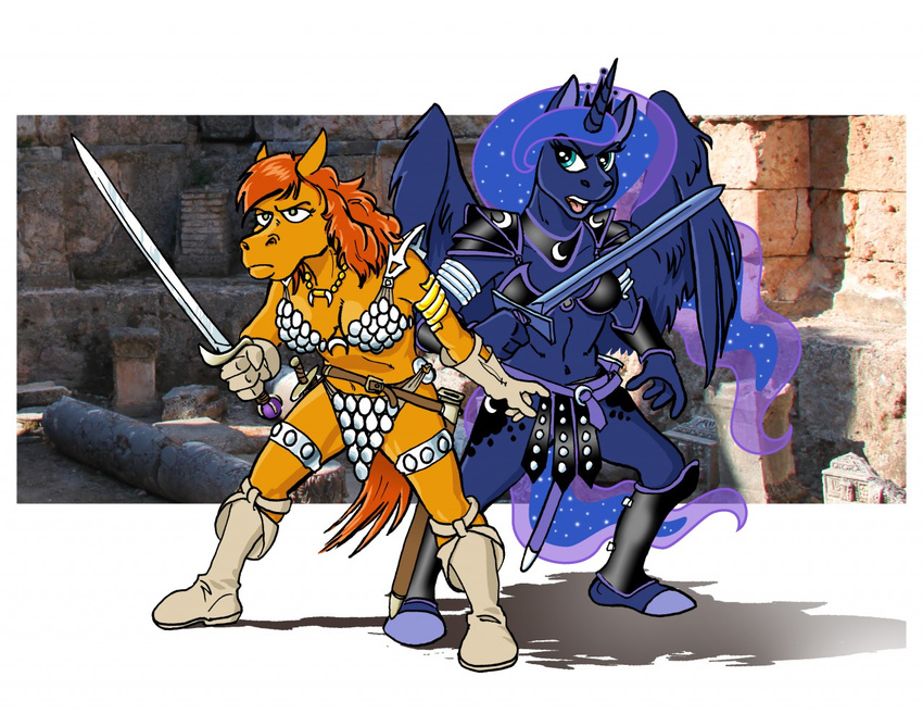 2017 alicorn anthro anthrofied armor belt bikini bikini_armor blue_eyes boots border breasts cleavage clothed clothing collar cosmic_hair crown duo equid equine ethereal_hair feathered_wings feathers female footwear friendship_is_magic frown gloves greaves green_eyes hair handwear hasbro headgear holding_melee_weapon holding_object holding_sword holding_weapon horn horse jewelry longsword mammal melee_weapon my_little_pony mythological_creature mythological_equine mythology navel necklace open_mouth pauldron photo_background photography_(artwork) pony princess_luna_(mlp) pseudo_hair rabbi-tom red_hair red_shetland richard_konkle scabbard scalemail scalemail_bikini shetland_pony standing swimwear sword tiara unconvincing_armor vambrace weapon white_border wings