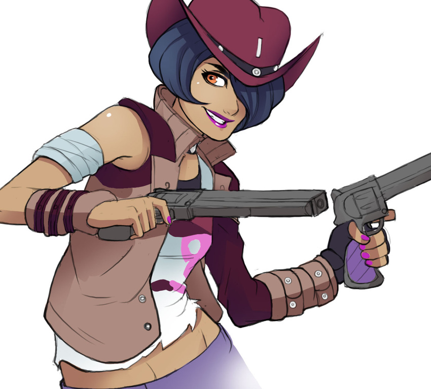 bandaged_arm black_hair borderlands borderlands_the_presequel cowboy_hat dark_skin dual_wielding female flipped_hair greenmarine grin gun hair_over_one_eye handgun hat lips lipstick makeup midriff mismatched_sleeves nail_polish nisha open_clothes open_vest orange_eyes pink_nails pistol purple_lipstick revolver short_hair single_glove smile solo trigger_discipline upper_body vest weapon