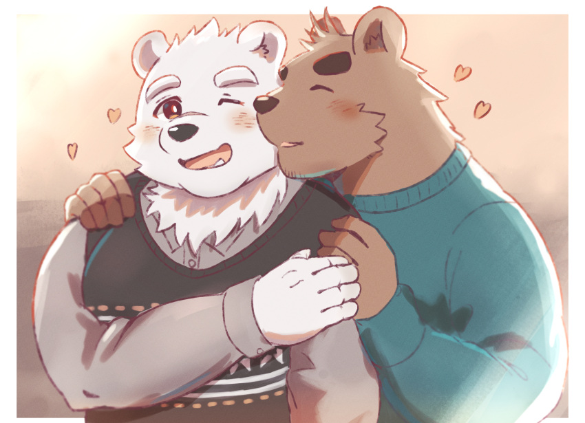 2022 anthro bear blush brown_body brown_fur closed_eyes clothing duo fur heart_symbol hi_res humanoid_hands jugo_kumagai kemono kishi_arufu kissing male male/male mammal polar_bear shimo_kawa sweater topwear ursine vtuber white_body white_fur