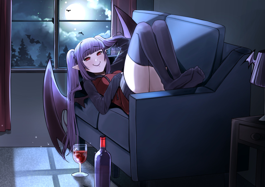 absurdres alcohol bat_(animal) bat_wings black_thighhighs blunt_bangs bottle closed_mouth commentary cup drinking_glass english_commentary feet female full_moon highres kumaartsu long_hair long_sleeves looking_at_viewer moon night original purple_hair purple_lips red_eyes smile soles solo thighhighs toes twintails vampire window wine wine_bottle wine_glass wings