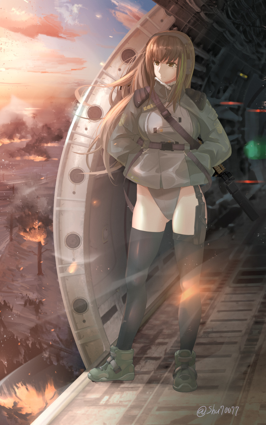 absurdres assault_rifle black_leotard black_thighhighs brown_eyes brown_hair closed_mouth commentary_request expressionless female fire full_body girls'_frontline green_hair gun highleg highleg_leotard highres jacket leotard long_hair looking_to_the_side m4_carbine m4a1_(girls'_frontline) multicolored_hair ribbed_leotard rifle shu70077 standing streaked_hair thighhighs twitter_username vehicle_interior weapon weapon_on_back